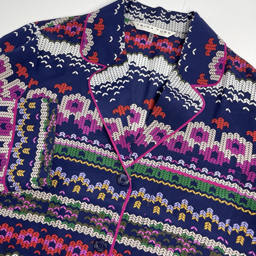 TRINA TURK Ira 3 Women's Small Silk Pajama Style Top Fairisle Print Designer